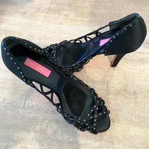 Betsey Johnson Lattice Black Satin Cocktail Heels with rhinestone embellishment
